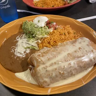 Three meat burrito fajita. Steak, chicken, shrimp