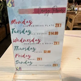 Weekly Specials Menu