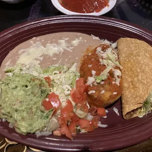 Lunch Special #1 with Chili Relleno, Beef Taco, Beans, and Guacamole Salad