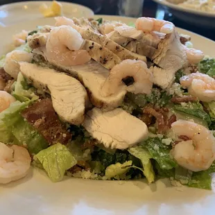 Chicken Caesar salad with shrimp added