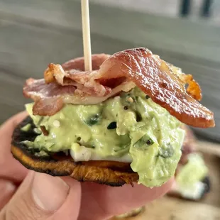 Up close look at a yam avocado egg salad bite