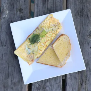 Our omlettes are made with real eggs. We have a simply omlette, a very veggie omlette and a meat omlette.