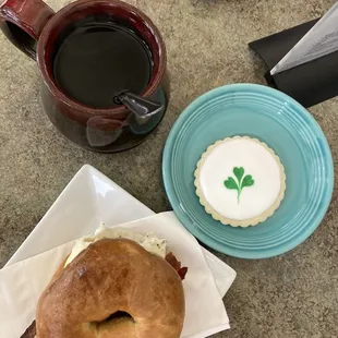 Breakfast sandwich, charity cookie, basic training tea