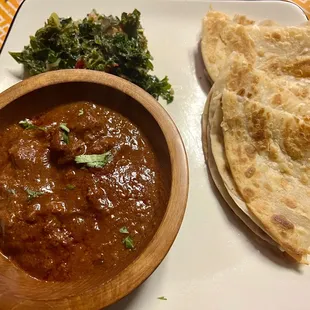Chapati Platter with beef curry and kale