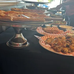 Pizza, salad and wings