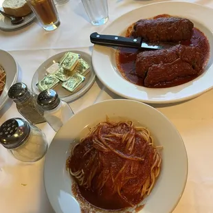 Beef Braciole and side of spaghetti