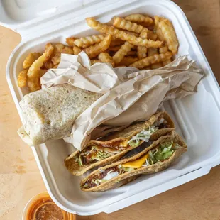 Fiesta Pack take-out $10.99 - The burrito was good, but the two tacos were just okay