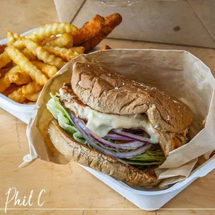 No.10 Grilled Chicken Sandwich combo with half/half fries and zucchini. Yum!