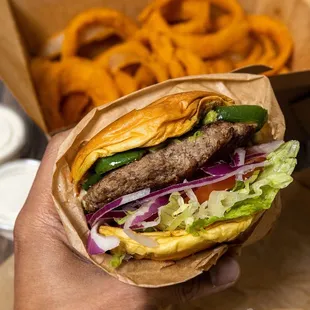 El Caliente Burger with onion rings! Yum!