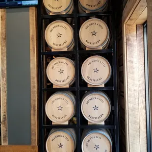 barrels stacked on a rack