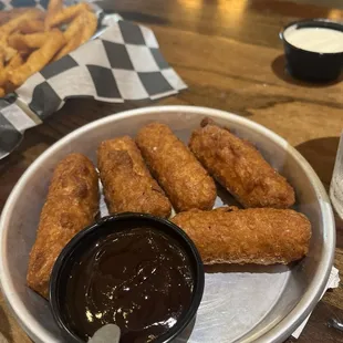 Mozzarella Sticks with a blackberry bbq dipping sauce
