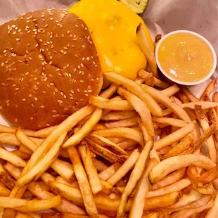 Cheeseburger and Fries (with a side of honey mustard)