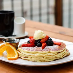 It's berry season! 3 homemade fluffy, buttery pancaked topped with seasonal berries. Pairs well with you in house blend coffee.