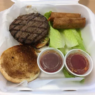 AA burger and eggrolls