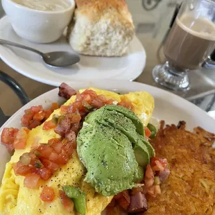 Denver omelette with hash browns biscuit and gravy