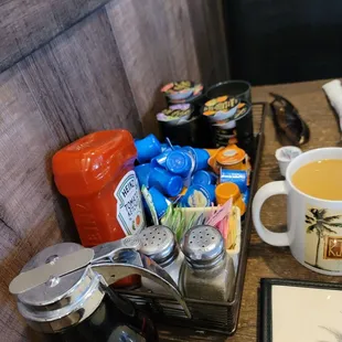 Plenty of condiments, but hey do not have raw sugar.