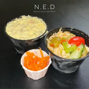 Samples of Pasta Salad, Potato Salad, and Sauerkraut