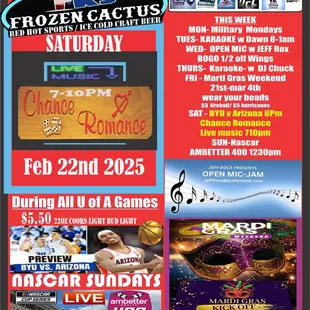 this weeks events 
mard gra . Rodeo. Arizona mens basketball Nascar  Golf NBA NHl