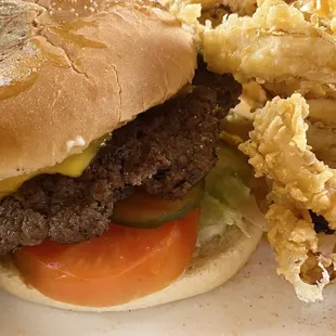 Cheeseburger and onion rings