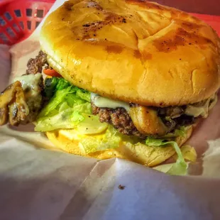 Swiss mushroom burger, loaded
