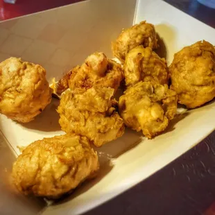 Fried mushrooms. Hand battered fresh, not frozen pre-battered. Absolutely delicious!