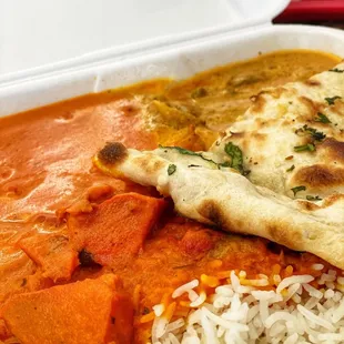 The usual but good chicken tikka masala, chicken korma, naan bread and basmati rice.
