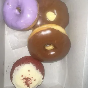 Top to bottom ube, Bavarian cream, chocolate, red velvet cream cheese.