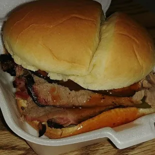 Yummy BBQ sandwiches, plates, nachos, baked potatoes and more.  ALWAYS JUST RIGHT, NEVER TOO SALTY OR SMOKEY TASTING