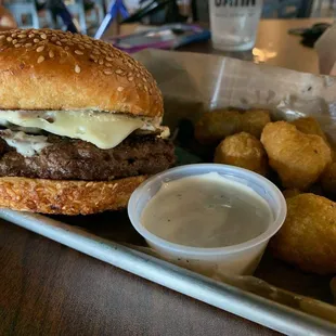 Mushroom Mushroom and Swiss Burger w/ my favorite tots!