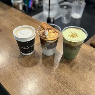Hojicha latte, Vienna latte, RNY dirty matcha