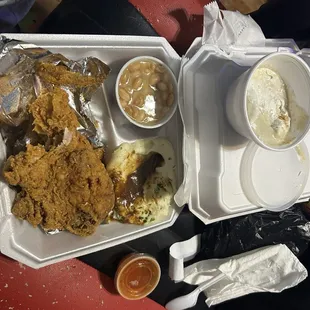 White meat fried chicken plate with bananas pudding and mash tater gravy w white bean &amp; roll