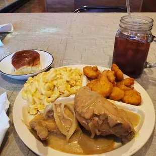Smothered Chicken, Mac&amp;Cheese, Corn Nuggets and Sweet Tea     Excellent service and pricing!
