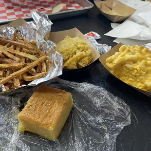 Fries, corn bake, Mac n cheese, cornbread