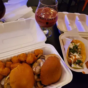 Tots, mushroom swiss sliders, spucy shrimp tacos