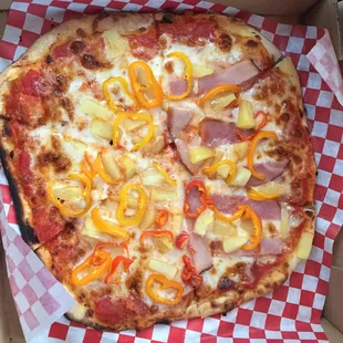 Hawaiian with half ham. Great pizza. Try them next time your at the food truck roundup.