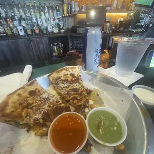 BBQ Quesadilla, phenomenal!!! Could only finish half (comes with 4 slices) so full &amp; so yummy