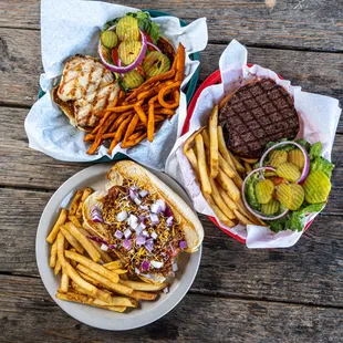 Grilled Chicken Sandwich, Hamburger, Chili Cheese Hot Dog.