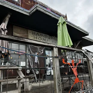 a bicycle parked in front of a restaurant