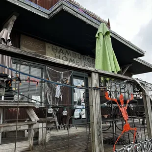 a bicycle parked in front of a bicycle shop