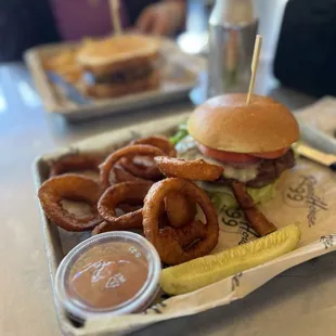 Roadhouse burger with pepper jack cheese and onion rings