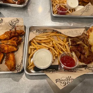 Tri tip sandwich and red hot wings