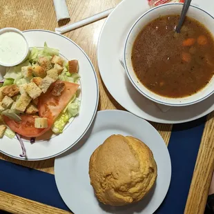 Soup and salad comes with a muffin.