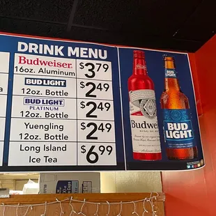 menu for drinks