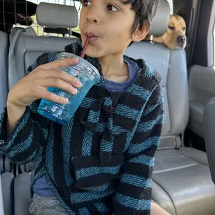 a young boy sitting in the back of a car