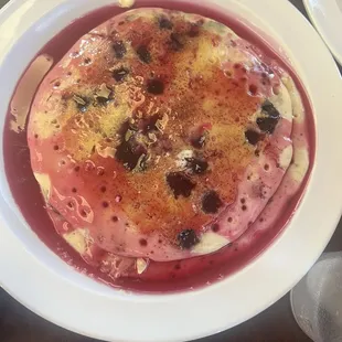 Blueberry pancakes with prickly pear syrup