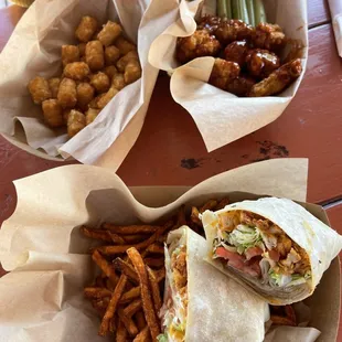 Crispy Chicken Wrap w/ sweet potato fries, boneless wings w/ tater tots