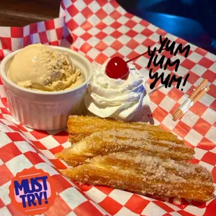 Churro desert with salted caramel ice cream.