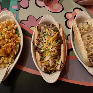Mac and cheese, chili dog, and sauerkraut sausage dog!