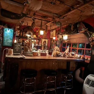 a bar with a dragon head hanging from the ceiling