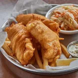 fish and chips with coleslaw